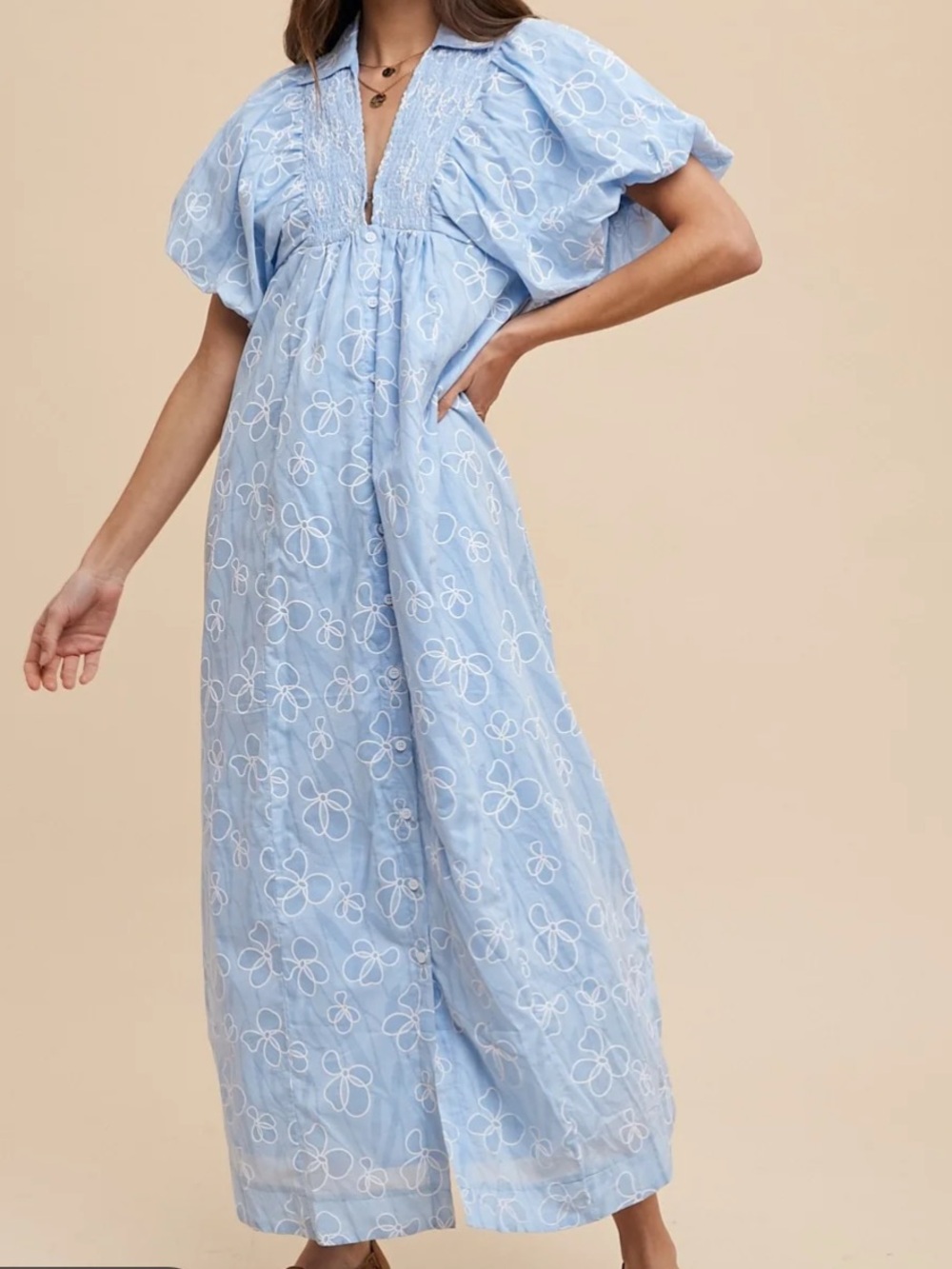 ANNIEWEAR Light Blue Floral Embroidered Maxi Dress